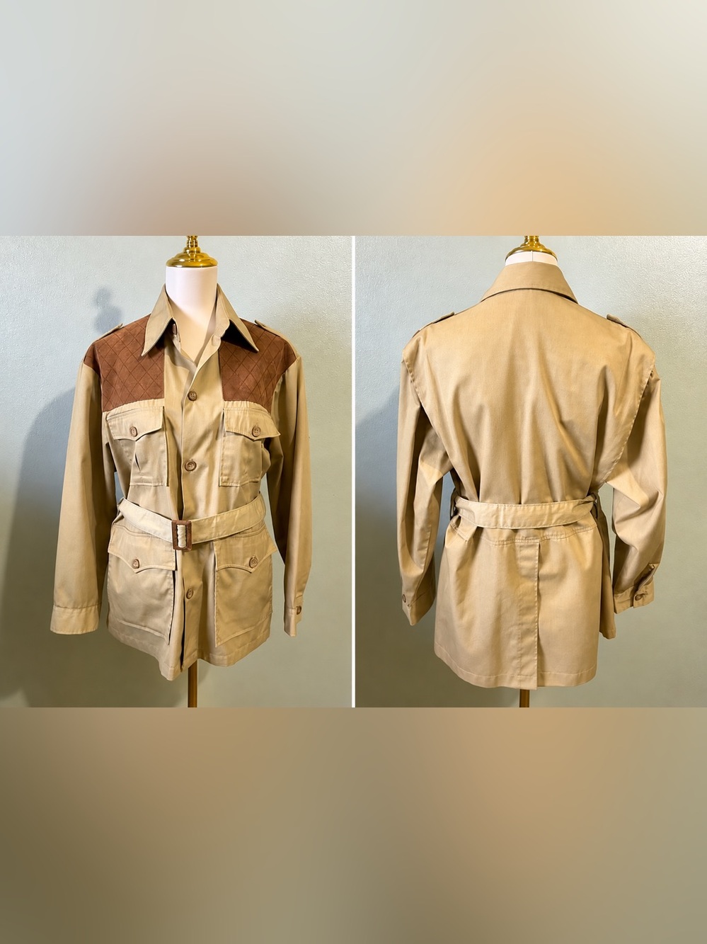 Woolrich Vintage Safari Field Jacket Suede Shoulders Belted Utility Tan Large
